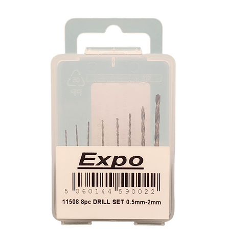 Expo Tools 11508 HSS Drill Set — 8-Piece (0.5–2.0 mm) Micro Bits for Model Railway Detailing
